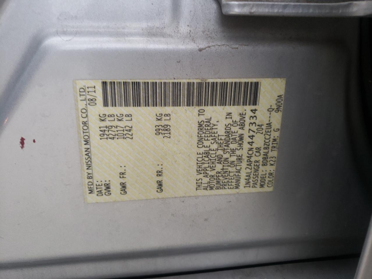 Photo 10 from auction – 2012 NISSAN ALTIMA BAS with VIN 1N4AL2AP4CN447334