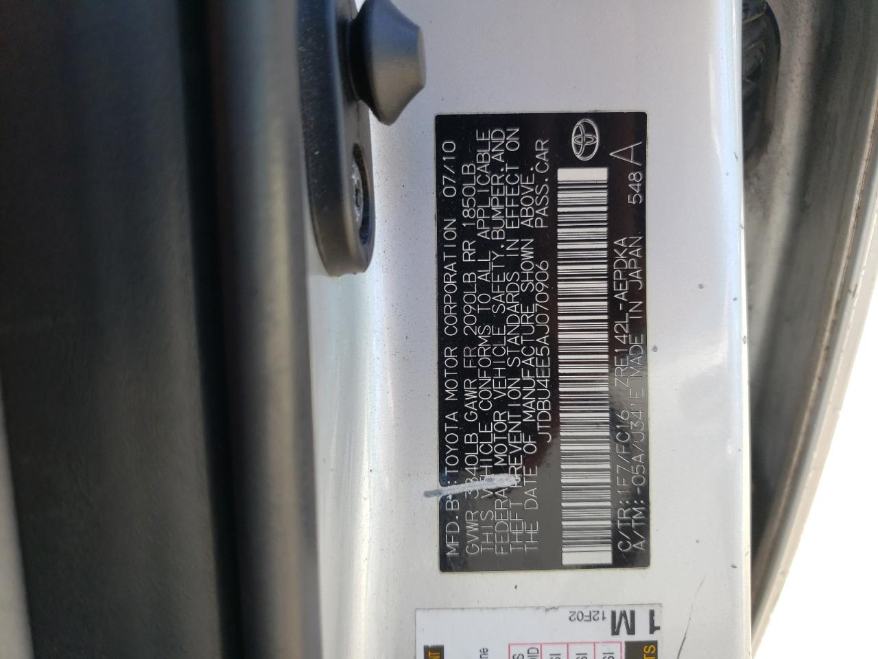 Photo 10 from auction – 2010 TOYOTA COROLLA BA with VIN JTDBU4EE5AJ070906