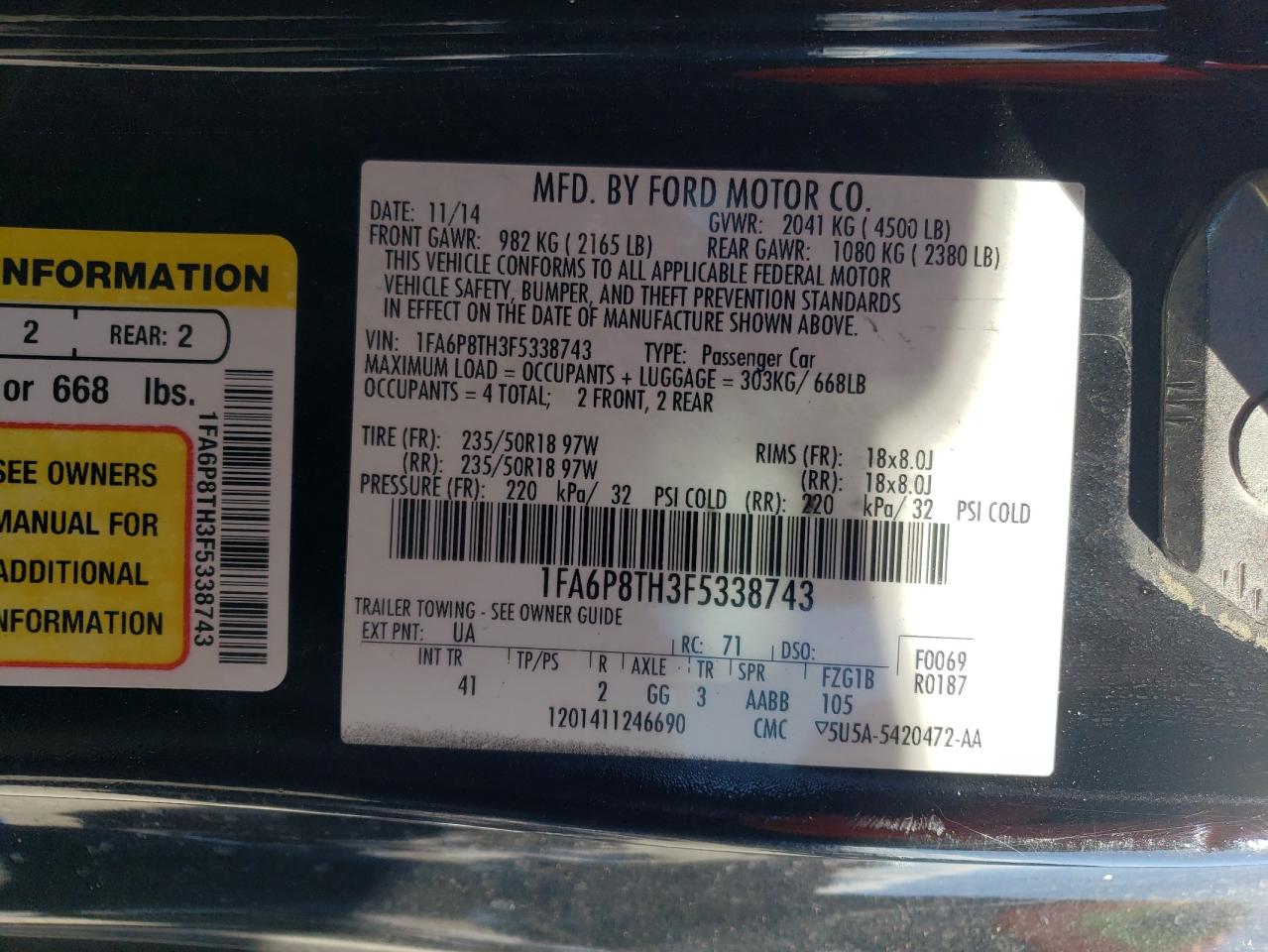 Photo 10 from auction – 2015 FORD MUSTANG with VIN 1FA6P8TH3F5338743