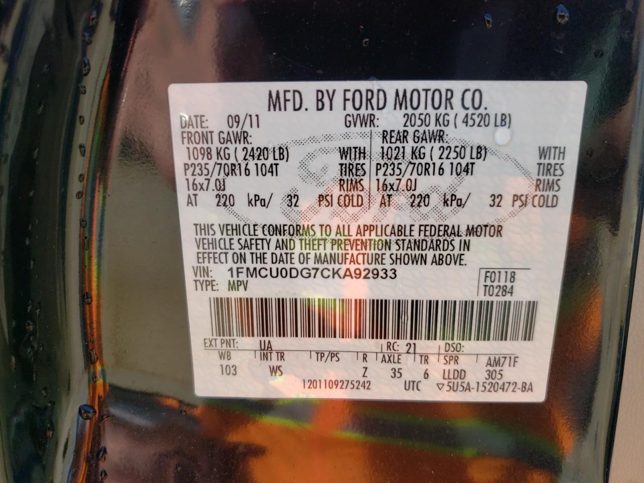 Photo 10 from auction – 2012 FORD ESCAPE XLT with VIN 1FMCU0DG7CKA92933