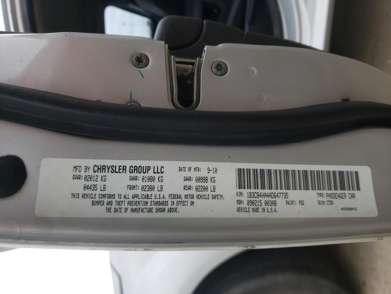 Photo 10 from auction – 2010 DODGE CALIBER SX with VIN 1B3CB4HA4AD647735