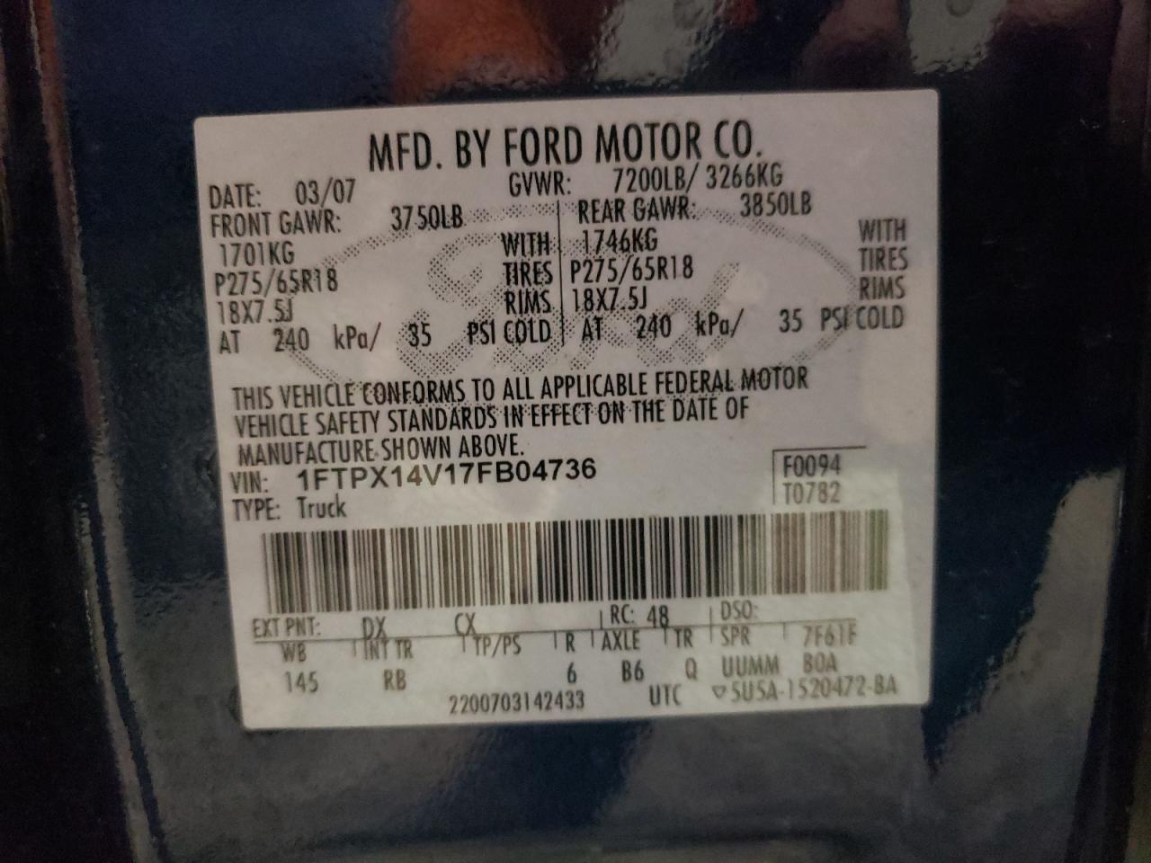Photo 10 from auction – 2007 FORD F150 with VIN 1FTPX14V17FB04736