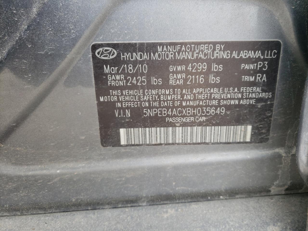 Photo 10 from auction – 2011 HYUNDAI SONATA GLS with VIN 5NPEB4ACXBH035649