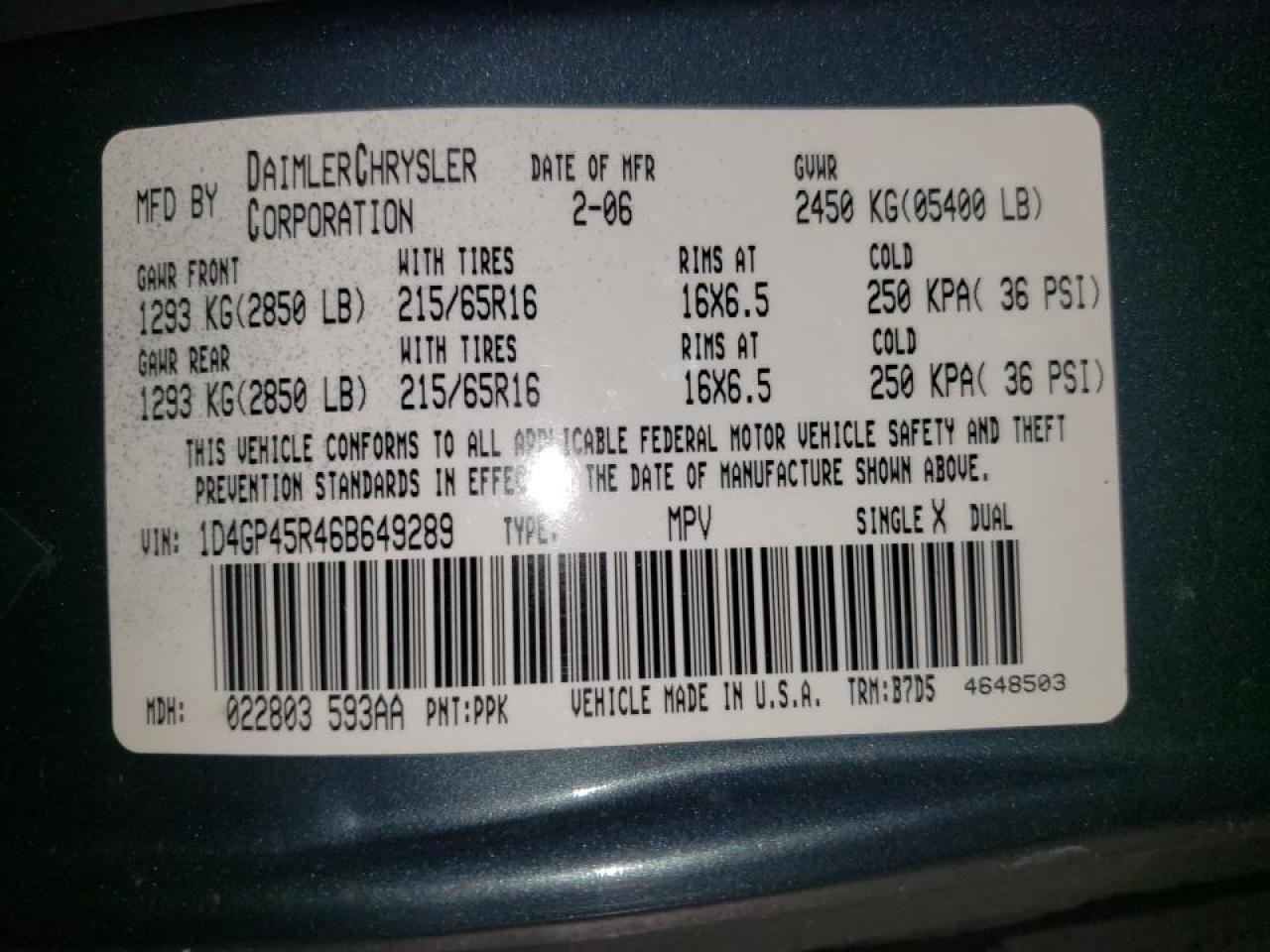 Photo 10 from auction – 2006 DODGE CARAVAN SX with VIN 1D4GP45R46B649289