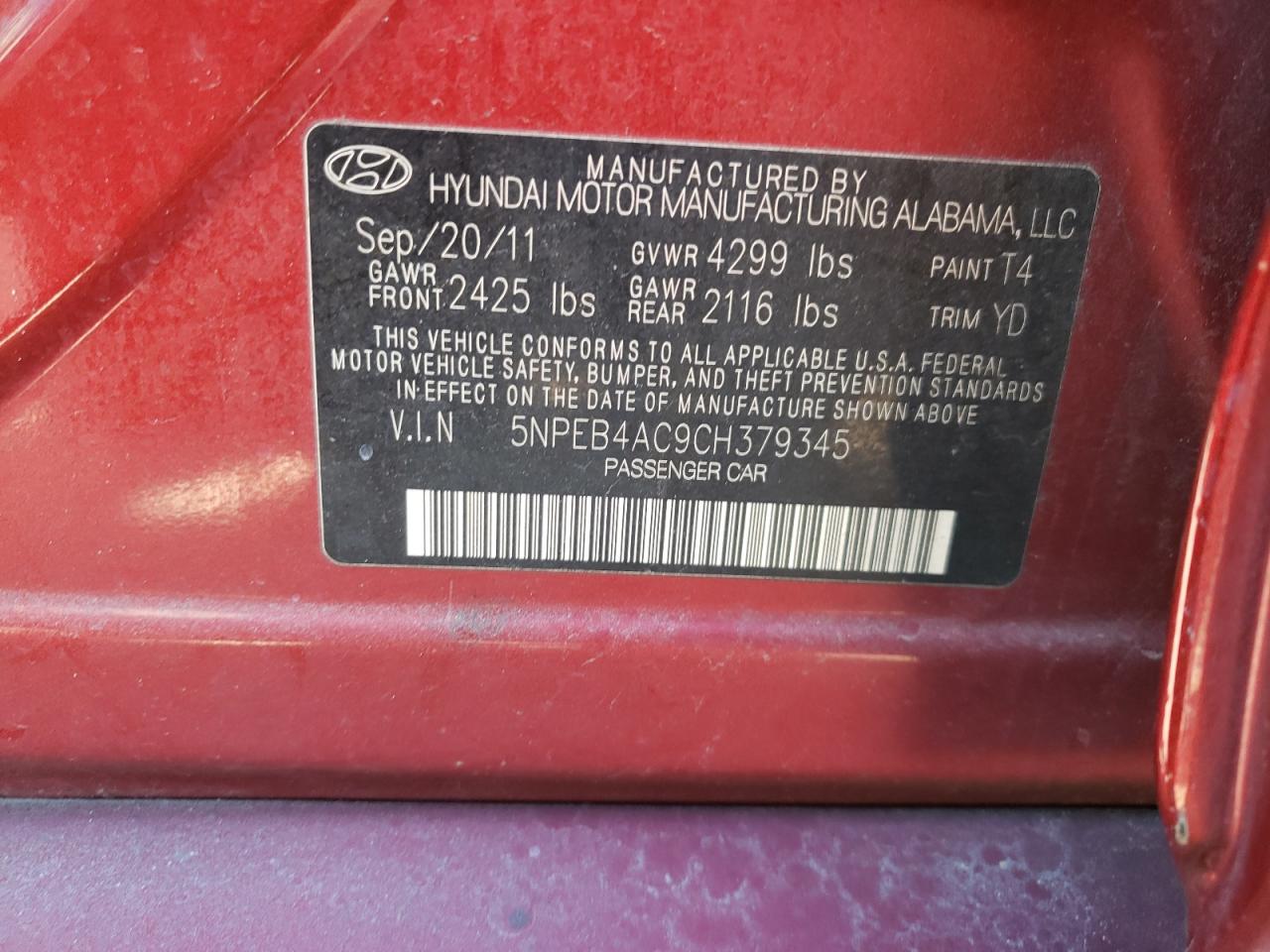 Photo 10 from auction – 2012 HYUNDAI SONATA GLS with VIN 5NPEB4AC9CH379345
