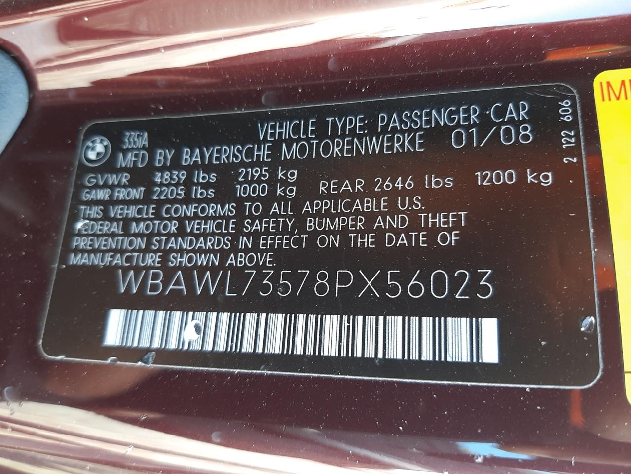 Photo 10 from auction – 2008 BMW 335 I with VIN WBAWL73578PX56023