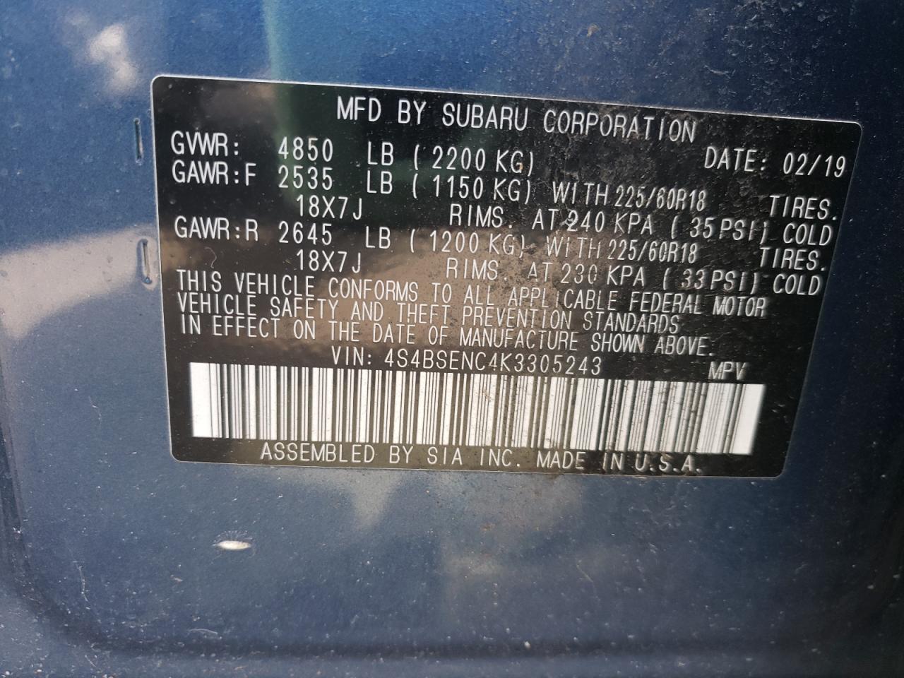 Photo 10 from auction – 2019 SUBARU OUTBACK 3. with VIN 4S4BSENC4K3305243