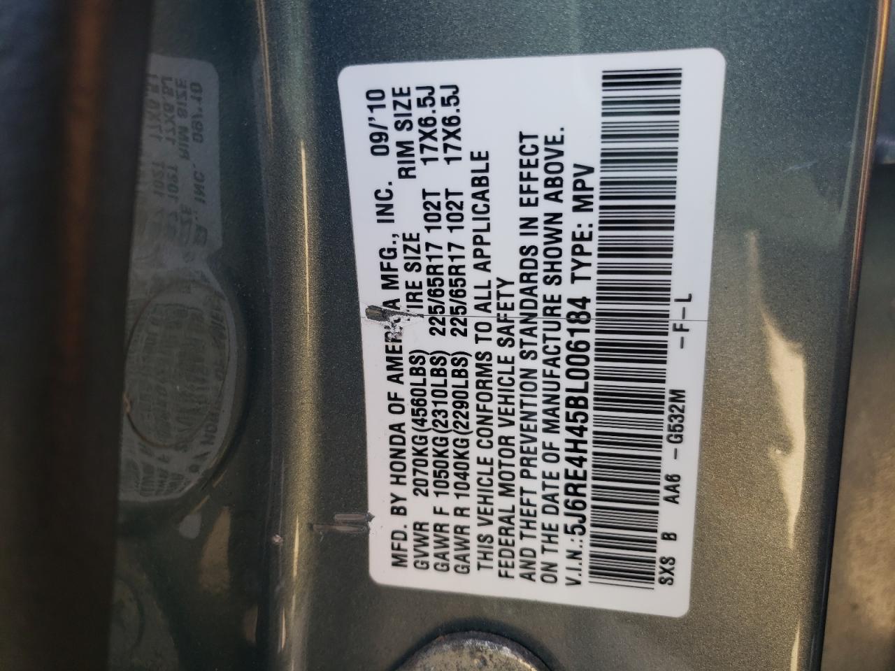 Photo 10 from auction – 2011 HONDA CR-V SE with VIN 5J6RE4H45BL006184