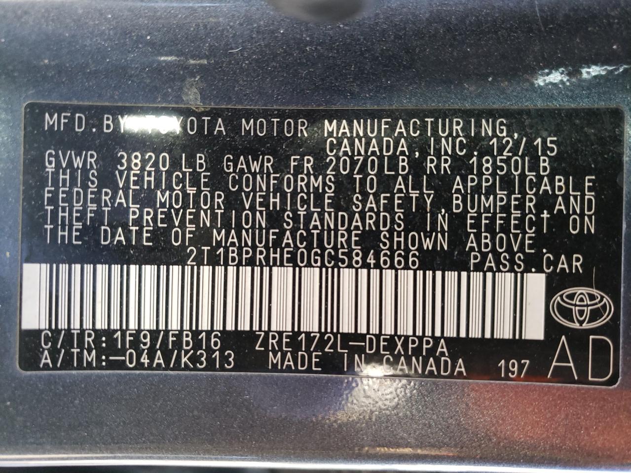 Photo 10 from auction – 2016 TOYOTA COROLLA EC with VIN 2T1BPRHE0GC584666