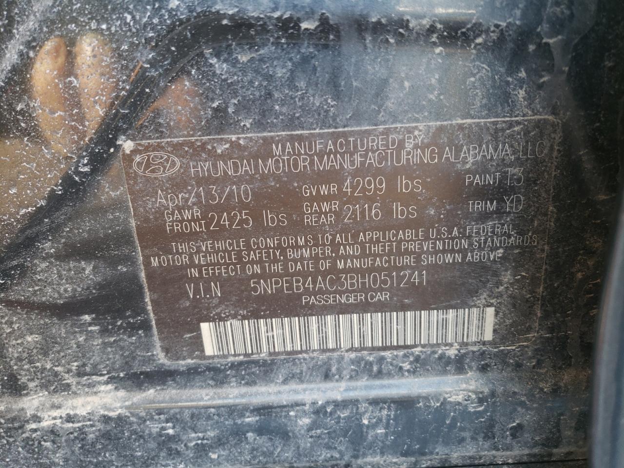 Photo 10 from auction – 2011 HYUNDAI SONATA GLS with VIN 5NPEB4AC3BH051241