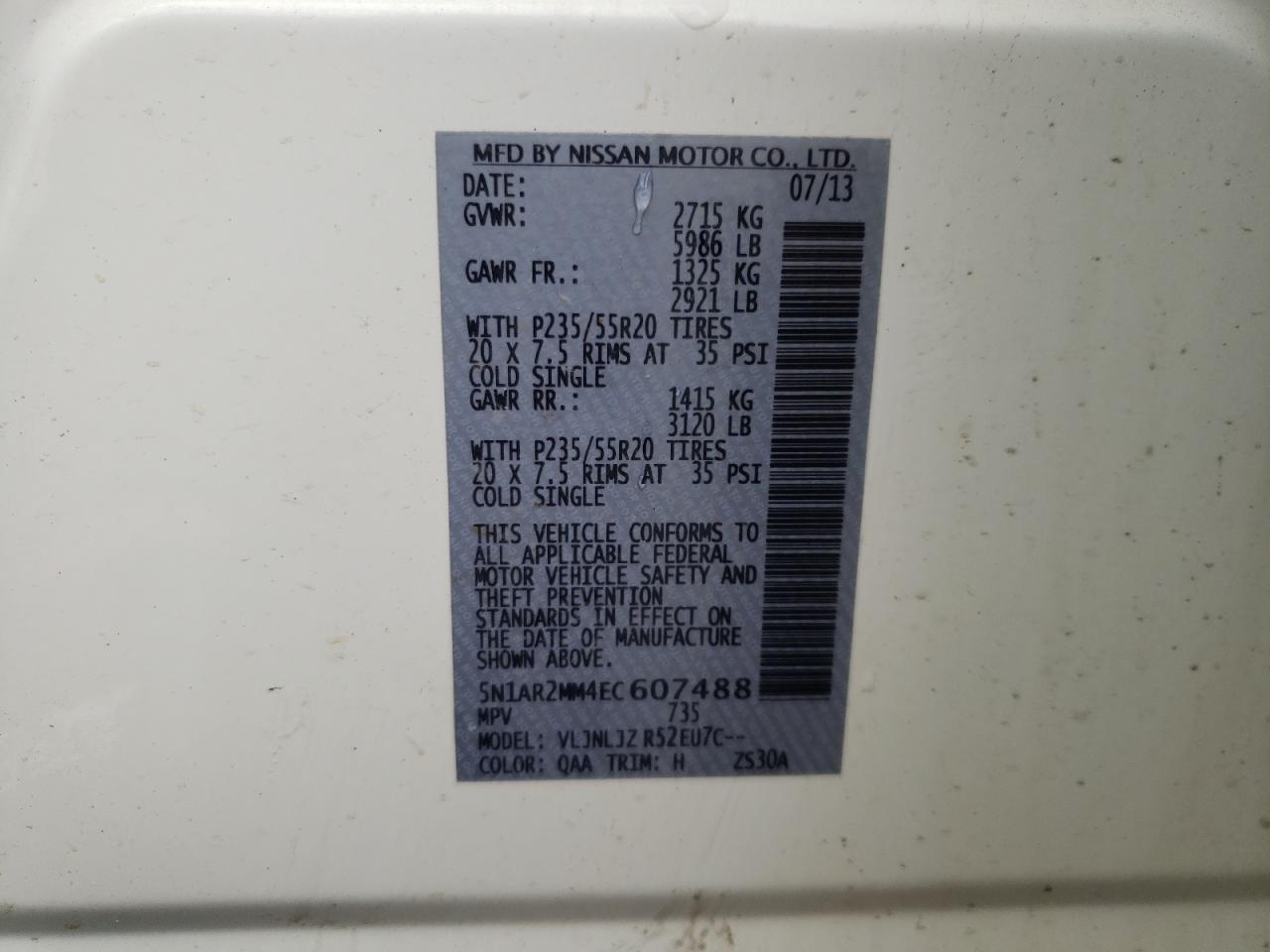 Photo 10 from auction – 2014 NISSAN PATHFINDER with VIN 5N1AR2MM4EC607488