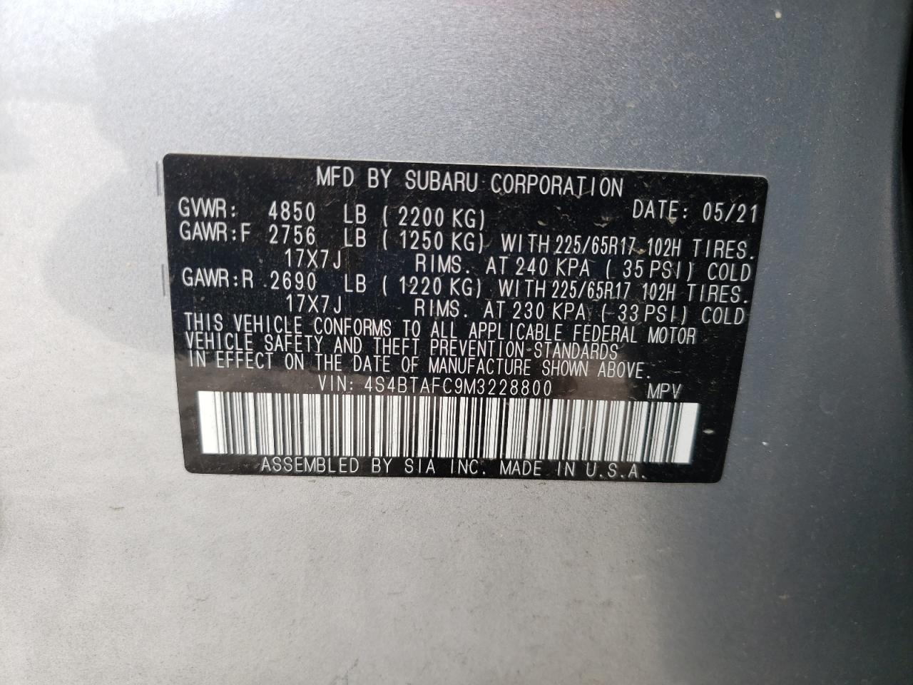 Photo 10 from auction – 2021 SUBARU OUTBACK PR with VIN 4S4BTAFC9M3228800