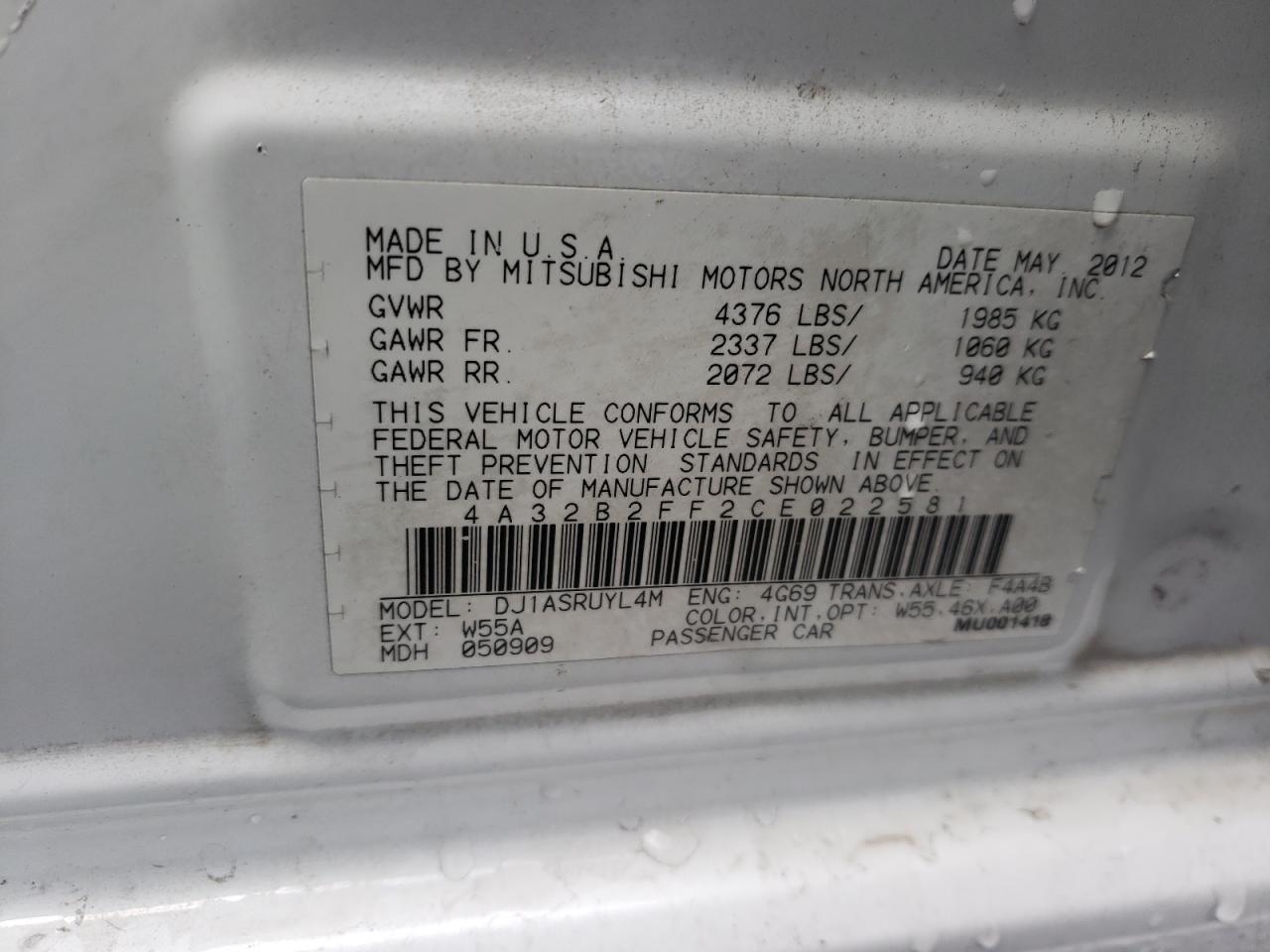 Photo 10 from auction – 2012 MITSUBISHI GALANT FE with VIN 4A32B2FF2CE022581