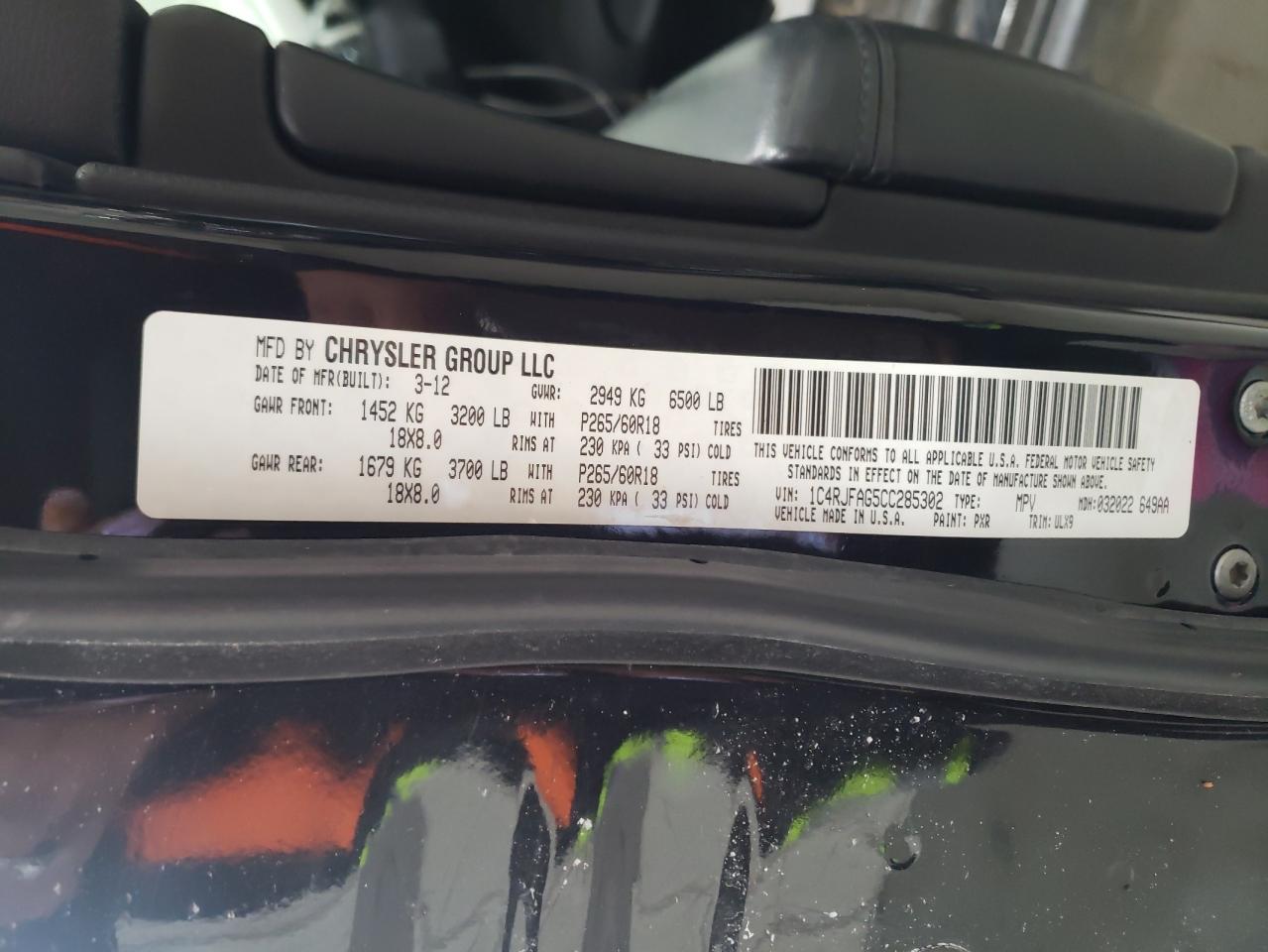 Photo 10 from auction – 2012 JEEP GRAND CHER with VIN 1C4RJFAG5CC285302