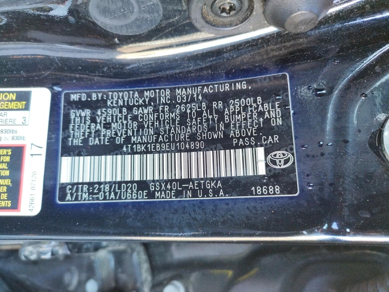 Photo 10 from auction – 2014 TOYOTA AVALON BAS with VIN 4T1BK1EB9EU104890