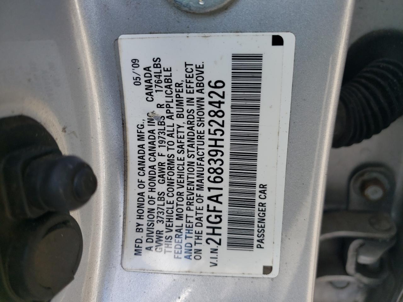 Photo 10 from auction – 2009 HONDA CIVIC EX with VIN 2HGFA16839H528426