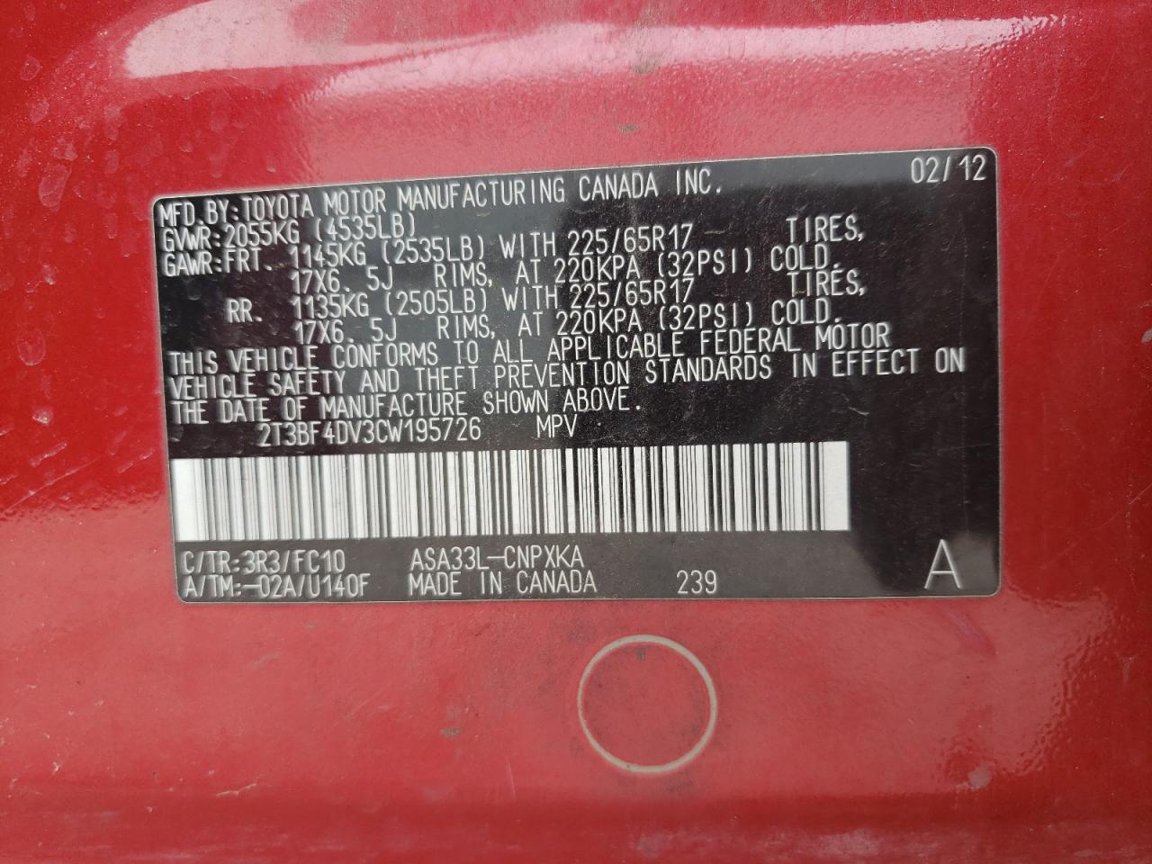 Photo 10 from auction – 2012 TOYOTA RAV4 with VIN 2T3BF4DV3CW195726