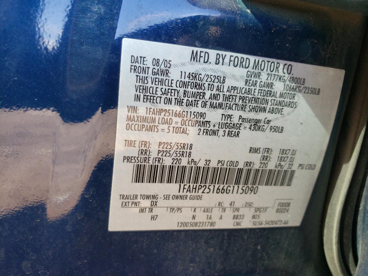 Photo 10 from auction – 2006 FORD FIVE HUNDR with VIN 1FAHP25166G115090