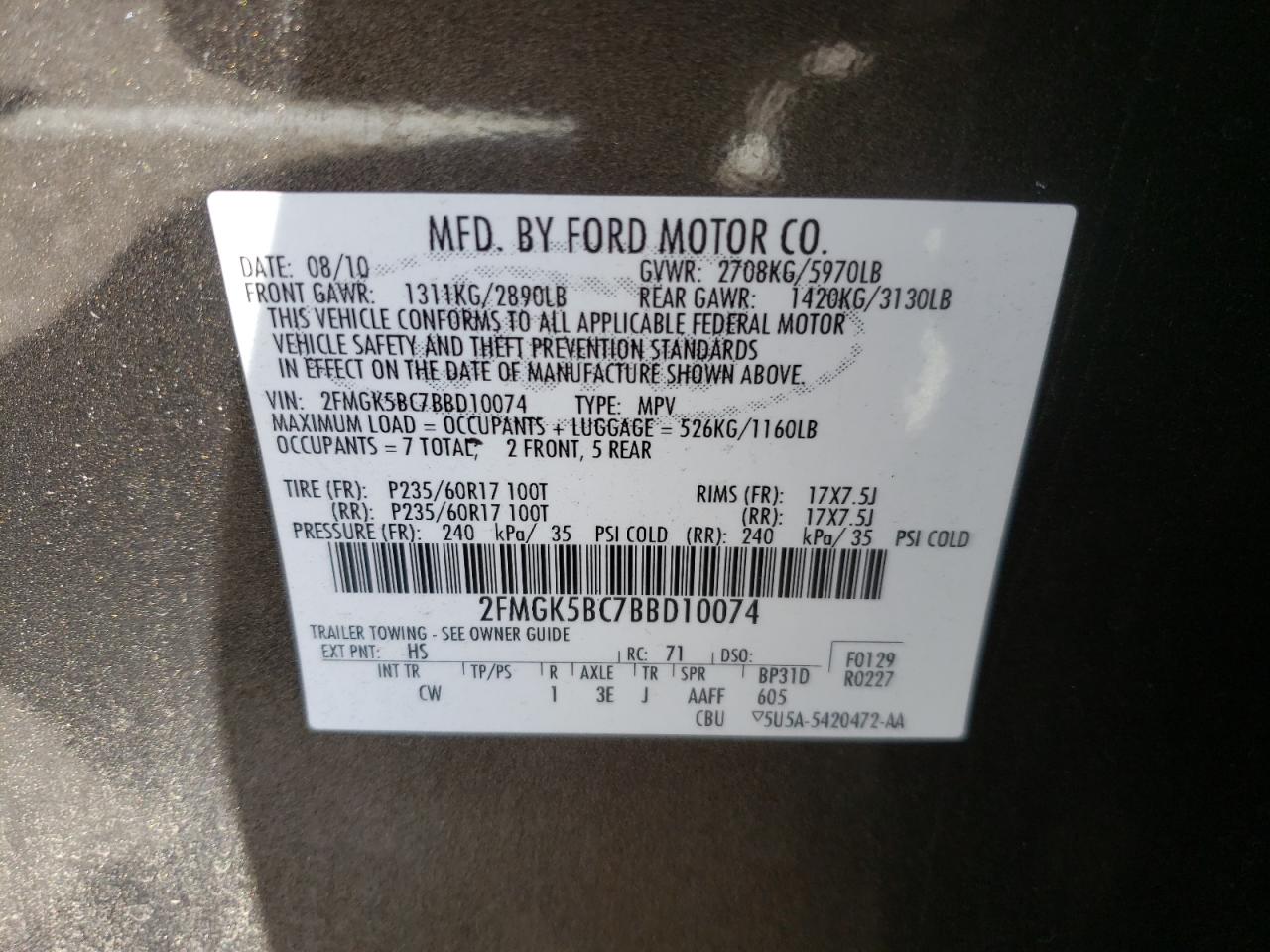 Photo 10 from auction – 2011 FORD FLEX SE with VIN 2FMGK5BC7BBD10074