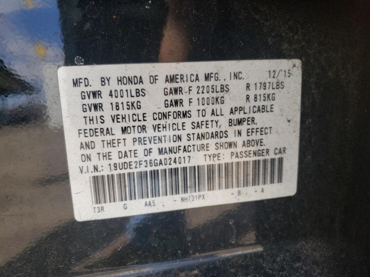 Photo 10 from auction – 2016 ACURA ILX BASE W with VIN 19UDE2F36GA024017