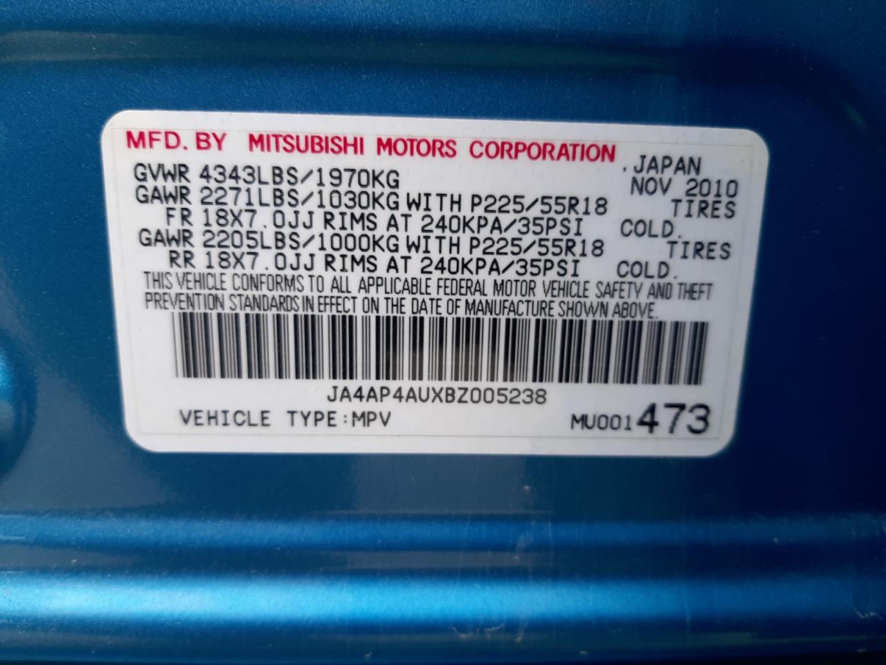 Photo 10 from auction – 2011 MITSUBISHI OUTLANDER with VIN JA4AP4AUXBZ005238