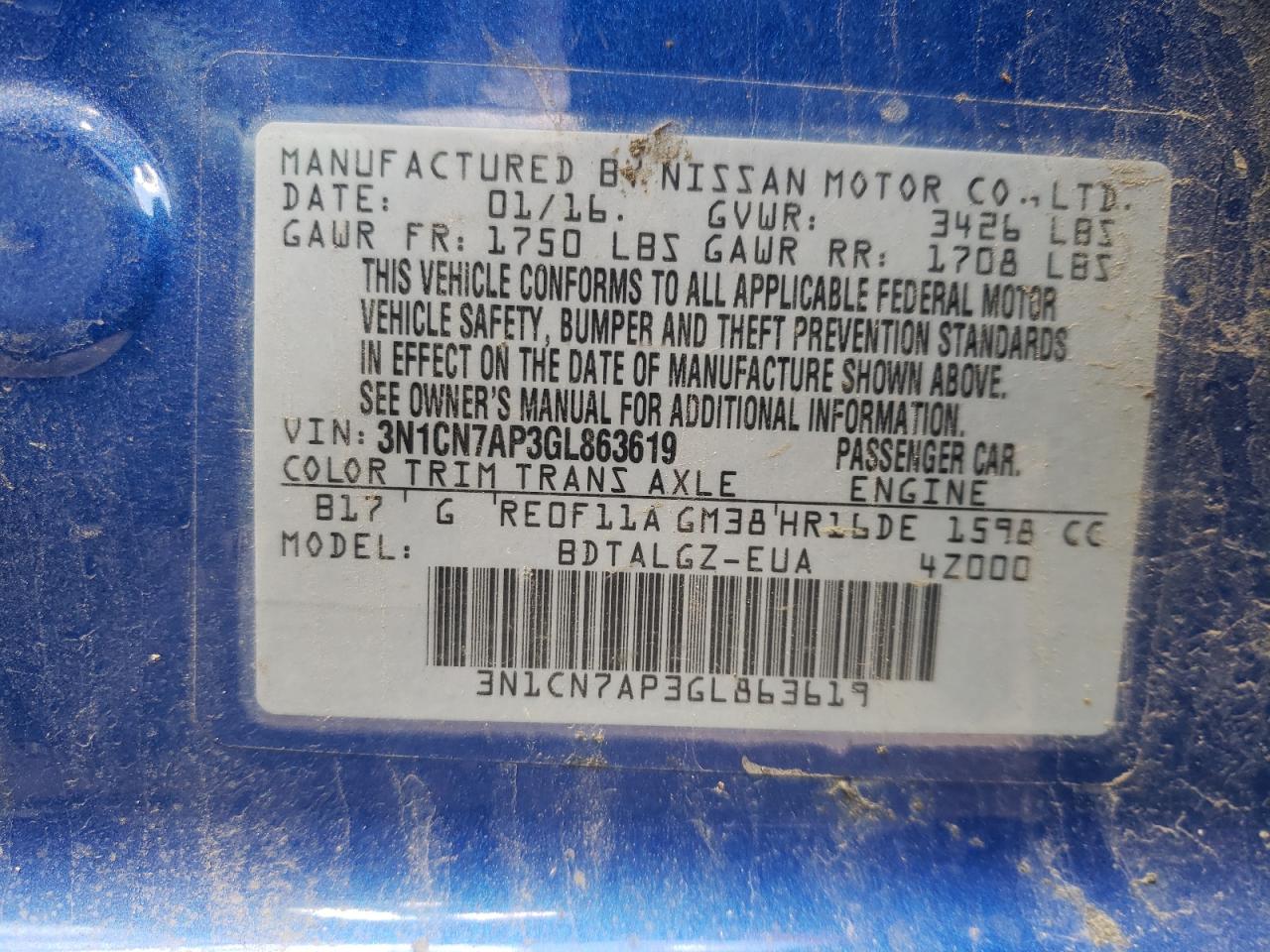 Photo 10 from auction – 2016 NISSAN VERSA S with VIN 3N1CN7AP3GL863619