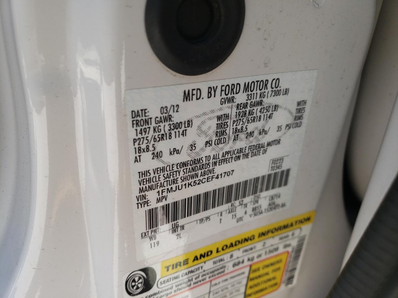 Photo 10 from auction – 2012 FORD EXPEDITION with VIN 1FMJU1K52CEF41707