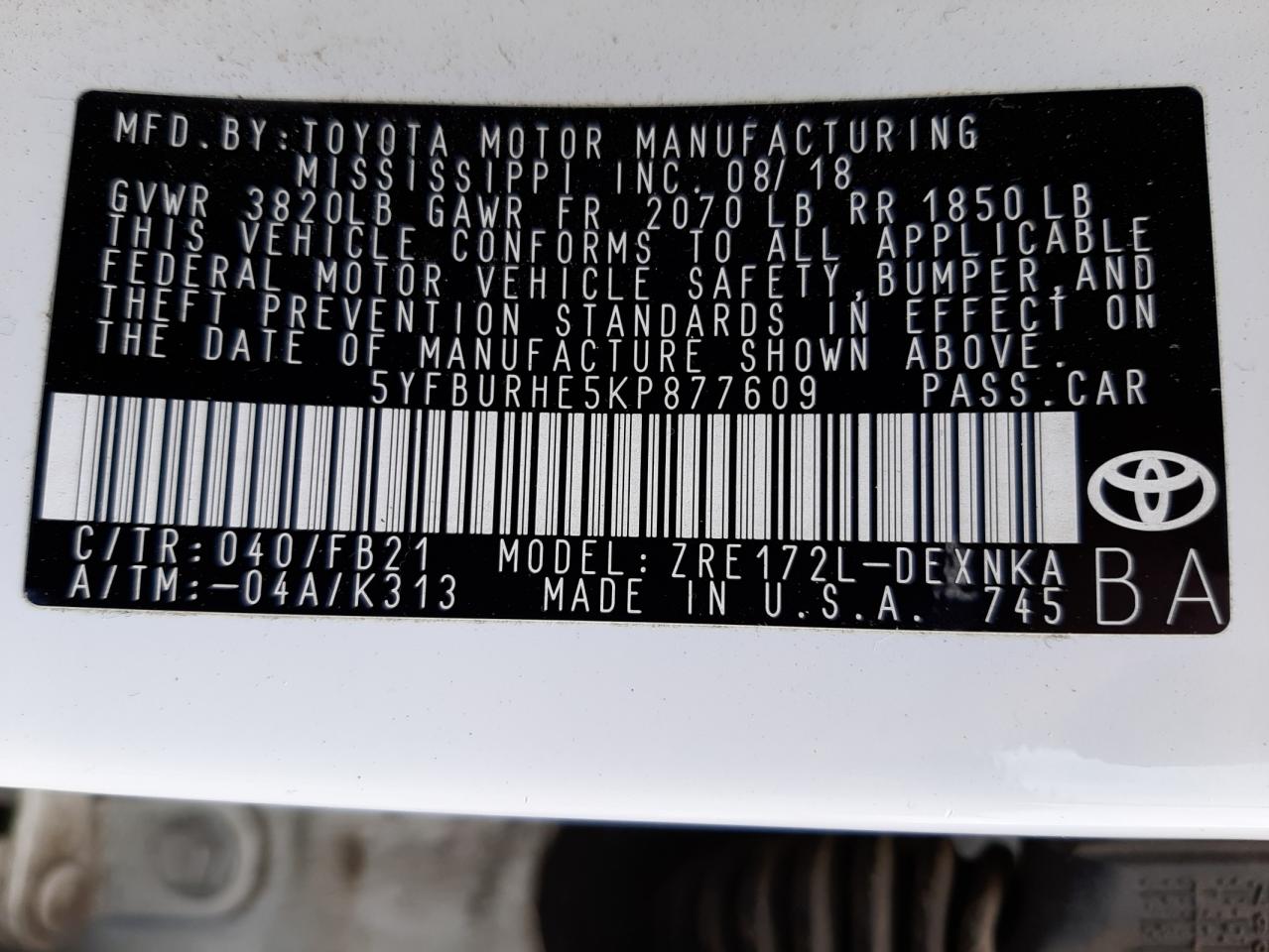 Photo 10 from auction – 2019 TOYOTA COROLLA L with VIN 5YFBURHE5KP877609