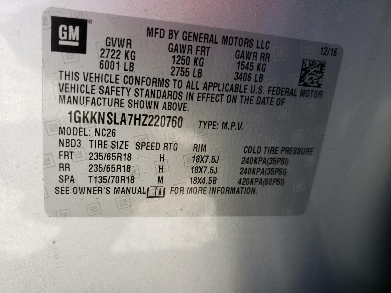 Photo 10 from auction – 2017 GMC ACADIA SLE with VIN 1GKKNSLA7HZ220760
