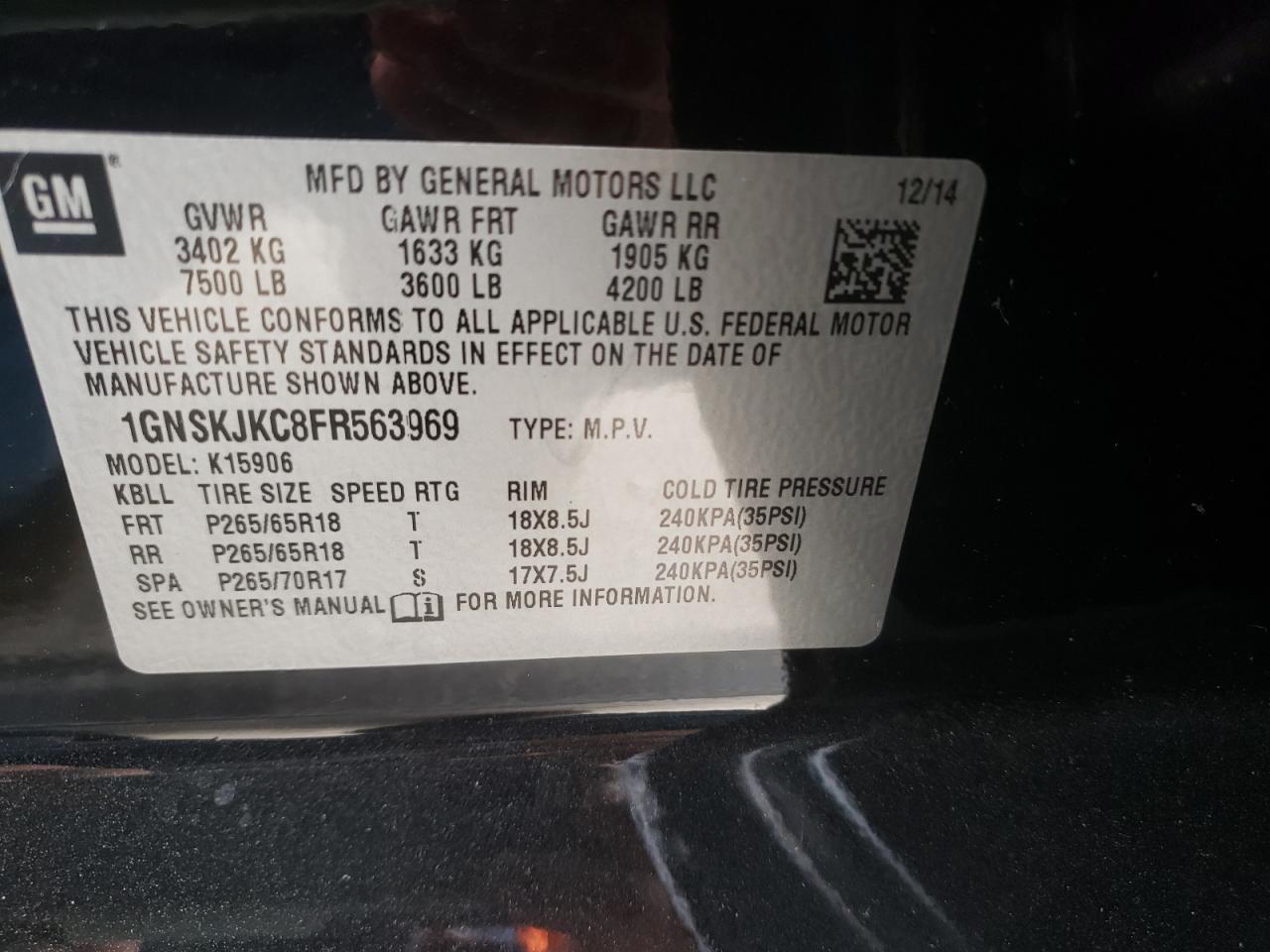 Photo 10 from auction – 2015 CHEVROLET SUBURBAN K with VIN 1GNSKJKC8FR563969