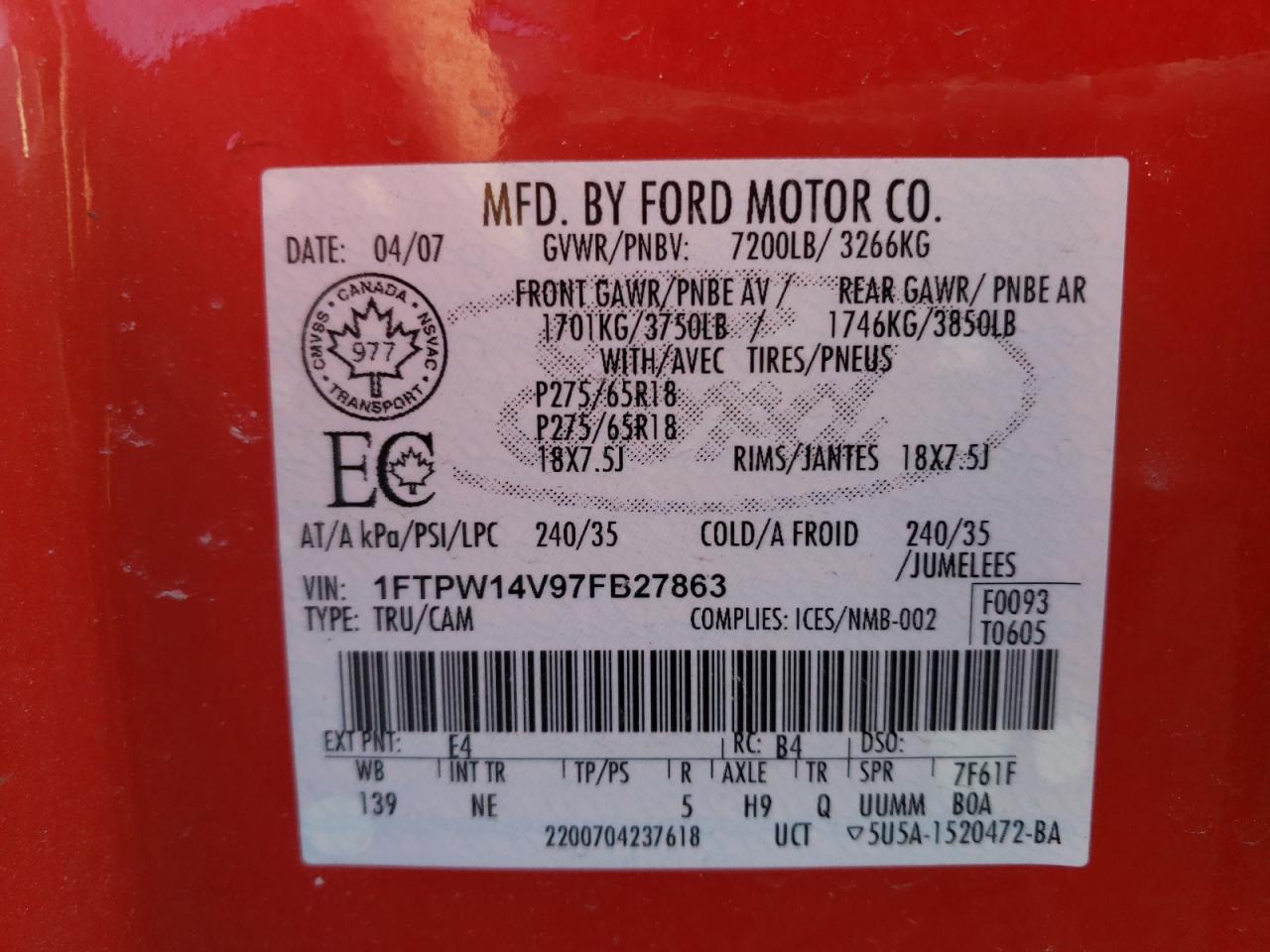 Photo 10 from auction – 2007 FORD F150 SUPER with VIN 1FTPW14V97FB27863