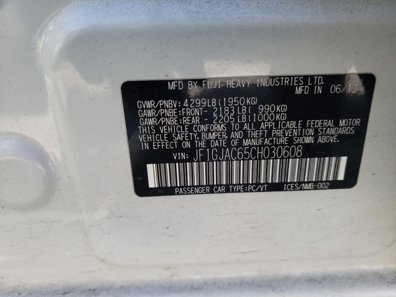 Photo 10 from auction – 2012 SUBARU IMPREZA PR with VIN JF1GJAC65CH030608
