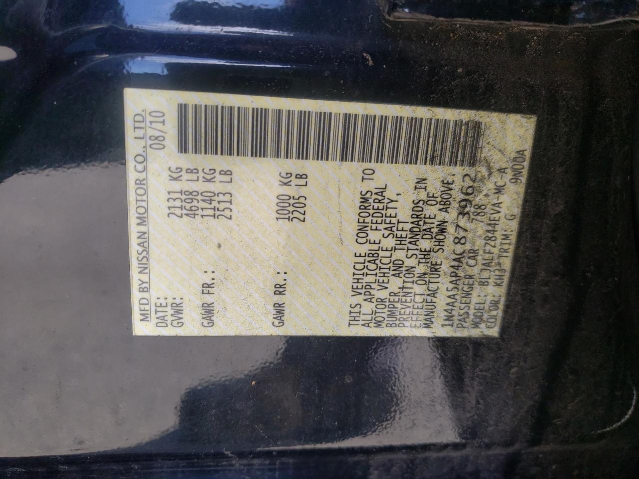 Photo 10 from auction – 2010 NISSAN MAXIMA S with VIN 1N4AA5AP4AC873962