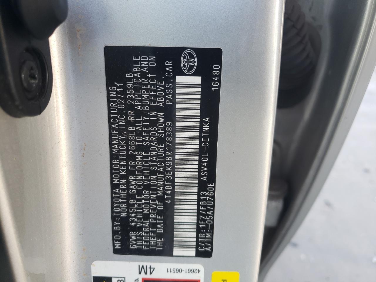 Photo 10 from auction – 2011 TOYOTA CAMRY BASE with VIN 4T4BF3EK9BR178389