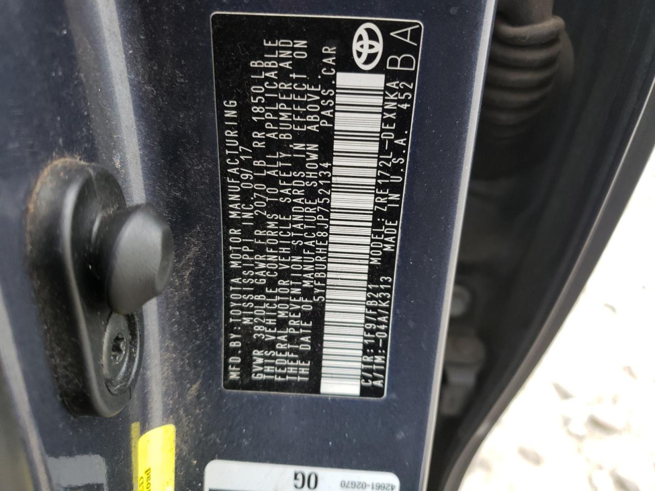 Photo 10 from auction – 2018 TOYOTA COROLLA L with VIN 5YFBURHE8JP752134