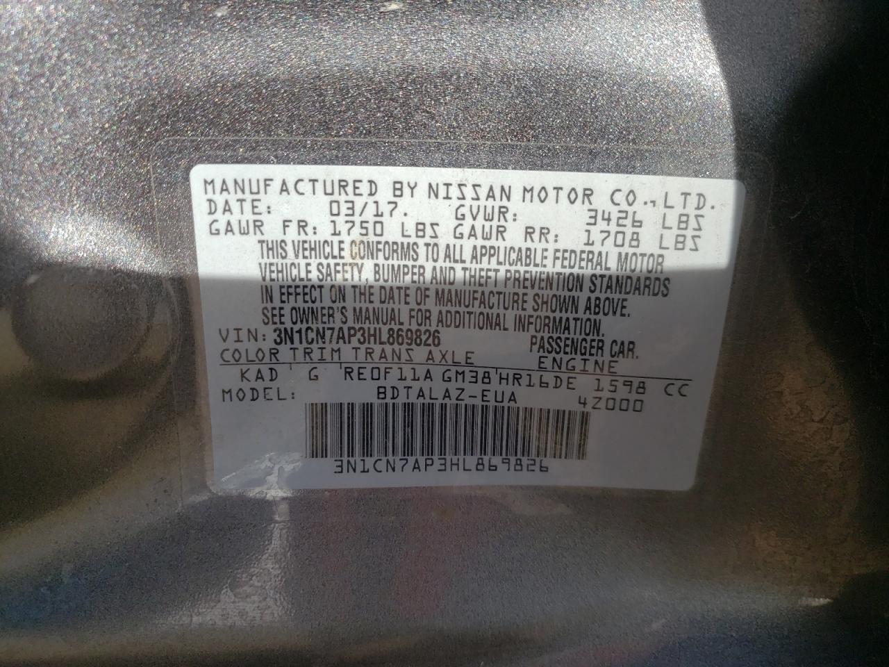 Photo 10 from auction – 2017 NISSAN VERSA S with VIN 3N1CN7AP3HL869826