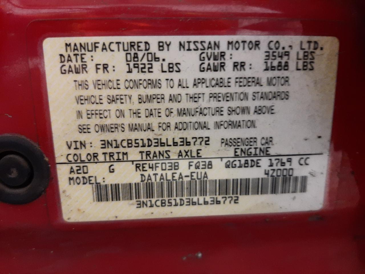 Photo 10 from auction – 2006 NISSAN SENTRA 1.8 with VIN 3N1CB51D36L636772