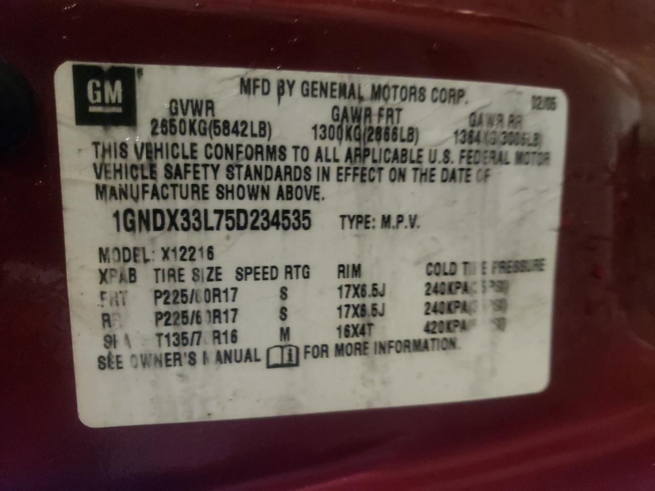 Photo 10 from auction – 2005 CHEVROLET UPLANDER L with VIN 1GNDX33L75D234535