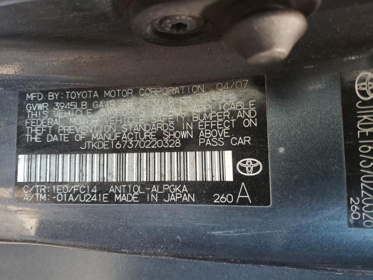 Photo 10 from auction – 2007 TOYOTA SCION TC with VIN JTKDE167370220328