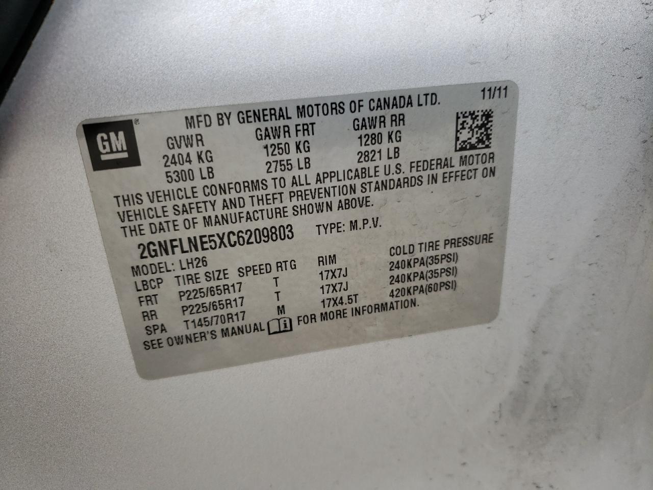 Photo 10 from auction – 2012 CHEVROLET EQUINOX LT with VIN 2GNFLNE5XC6209803