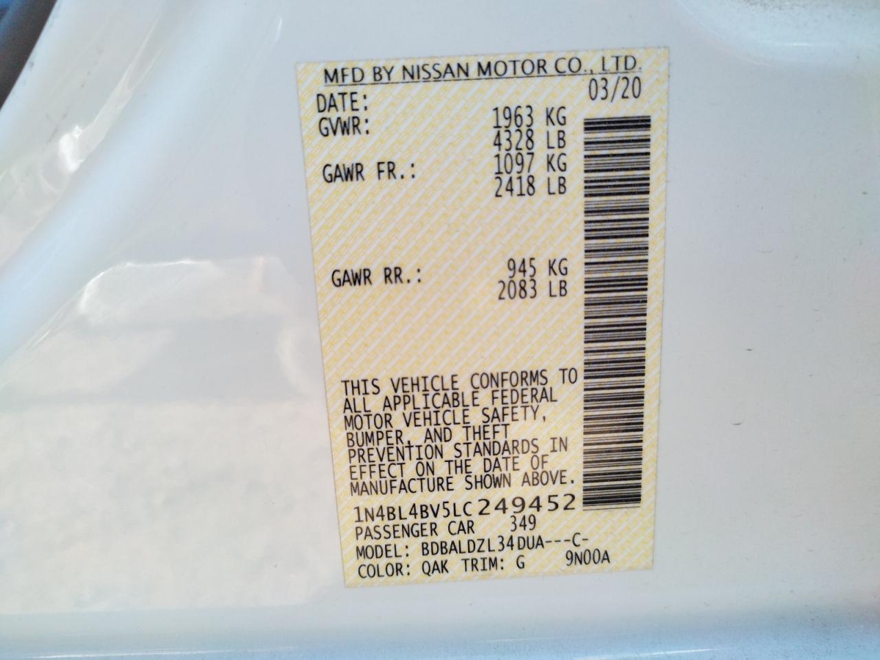 Photo 10 from auction – 2020 NISSAN ALTIMA S with VIN 1N4BL4BV5LC249452