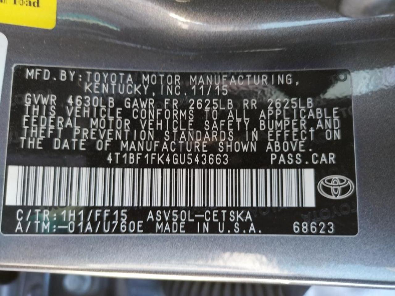 Photo 10 from auction – 2016 TOYOTA CAMRY LE with VIN 4T1BF1FK4GU543663