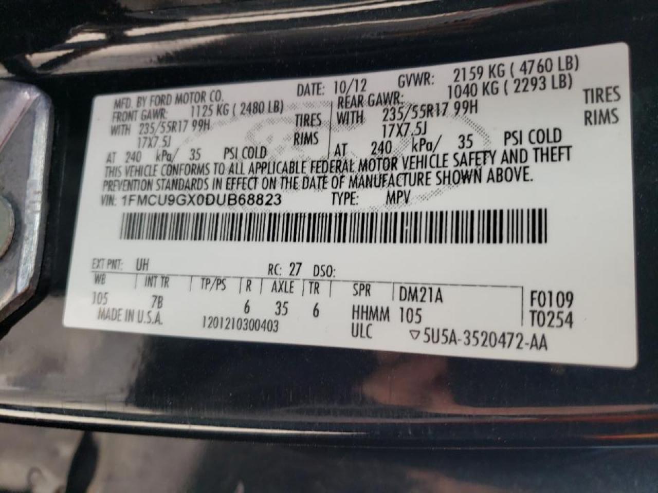 Photo 10 from auction – 2013 FORD ESCAPE SE with VIN 1FMCU9GX0DUB68823