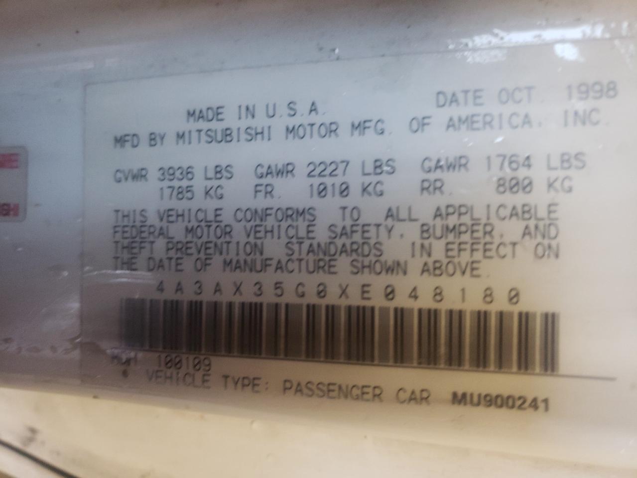 Photo 10 from auction – 1999 MITSUBISHI ECLIPSE with VIN 4A3AX35G0XE048180