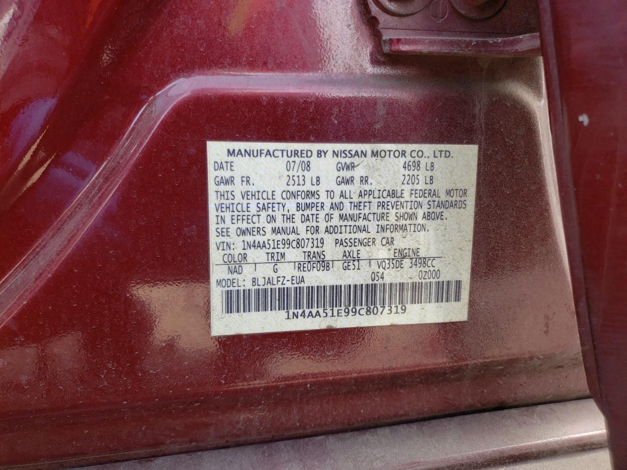 Photo 10 from auction – 2009 NISSAN MAXIMA S with VIN 1N4AA51E99C807319