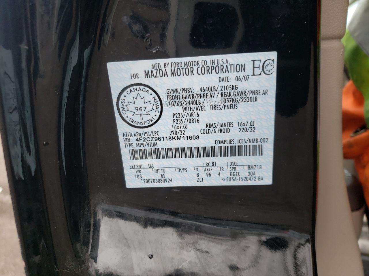 Photo 10 from auction – 2008 MAZDA TRIBUTE S with VIN 4F2CZ96118KM11608