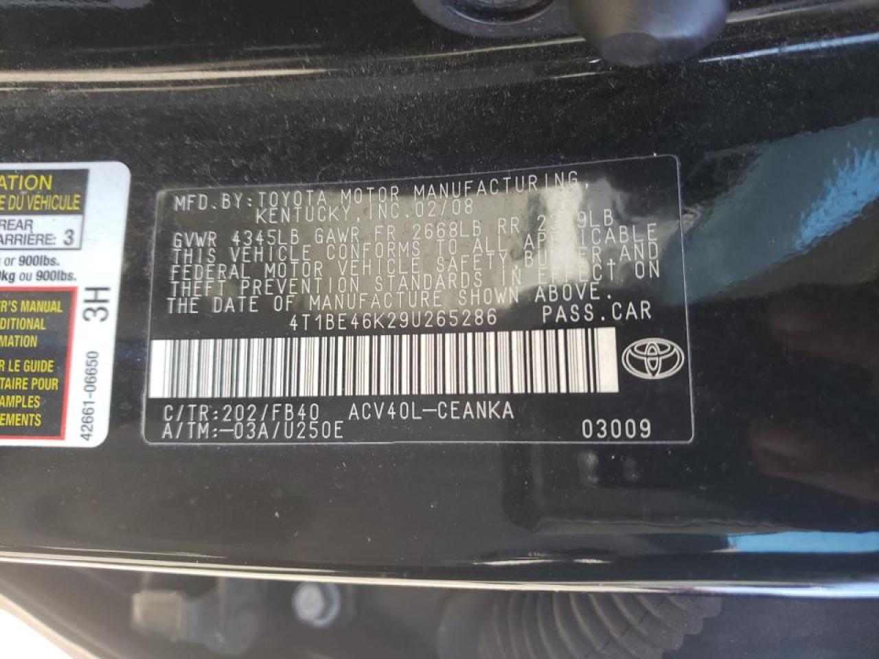 Photo 10 from auction – 2009 TOYOTA CAMRY BASE with VIN 4T1BE46K29U265286