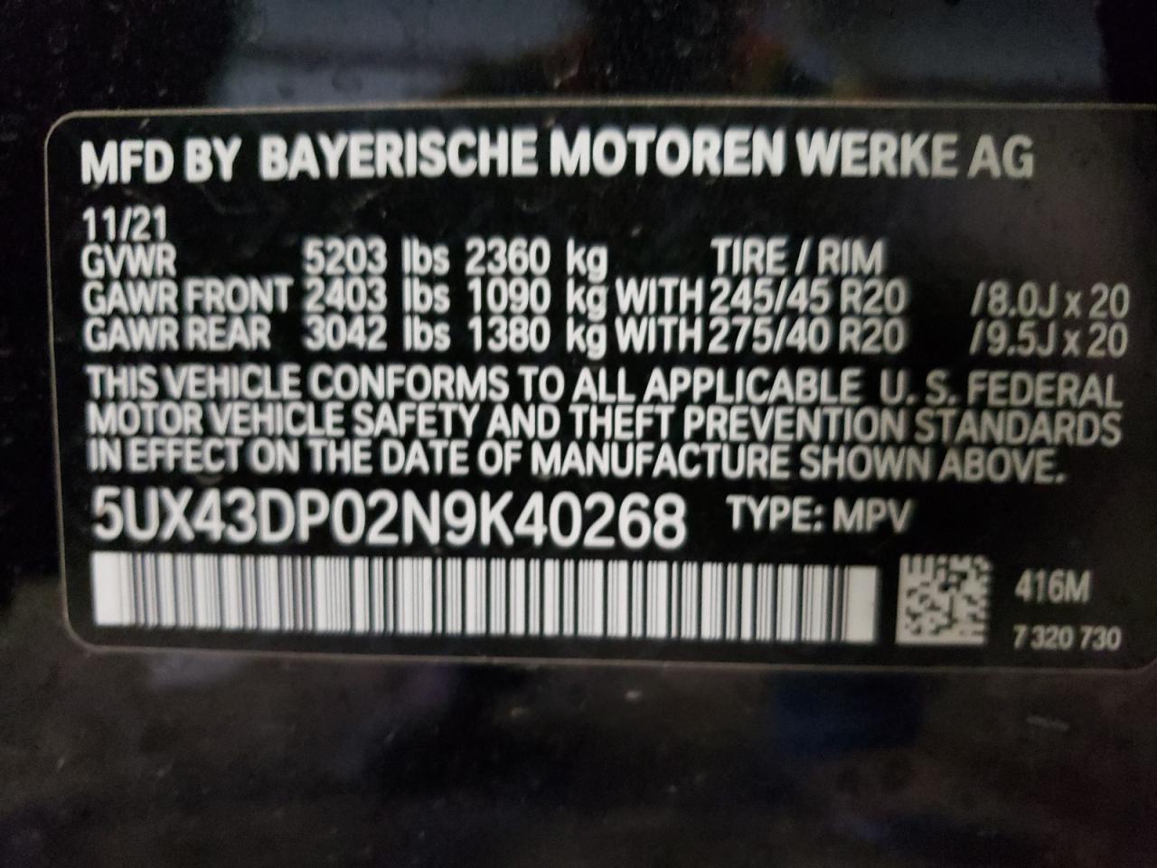 Photo 10 from auction – 2022 BMW X3 SDRIVE3 with VIN 5UX43DP02N9K40268