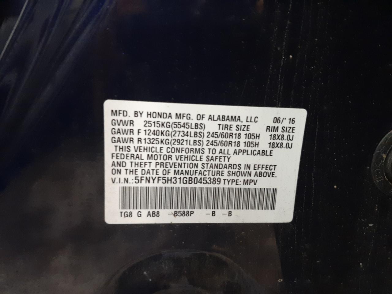 Photo 10 from auction – 2016 HONDA PILOT EX with VIN 5FNYF5H31GB045389