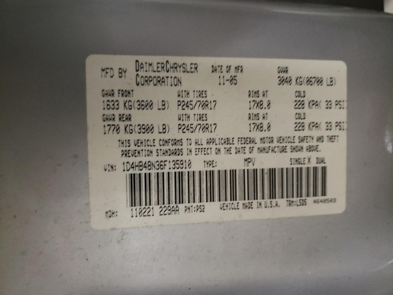 Photo 10 from auction – 2006 DODGE DURANGO with VIN 1D4HB48N36F135910